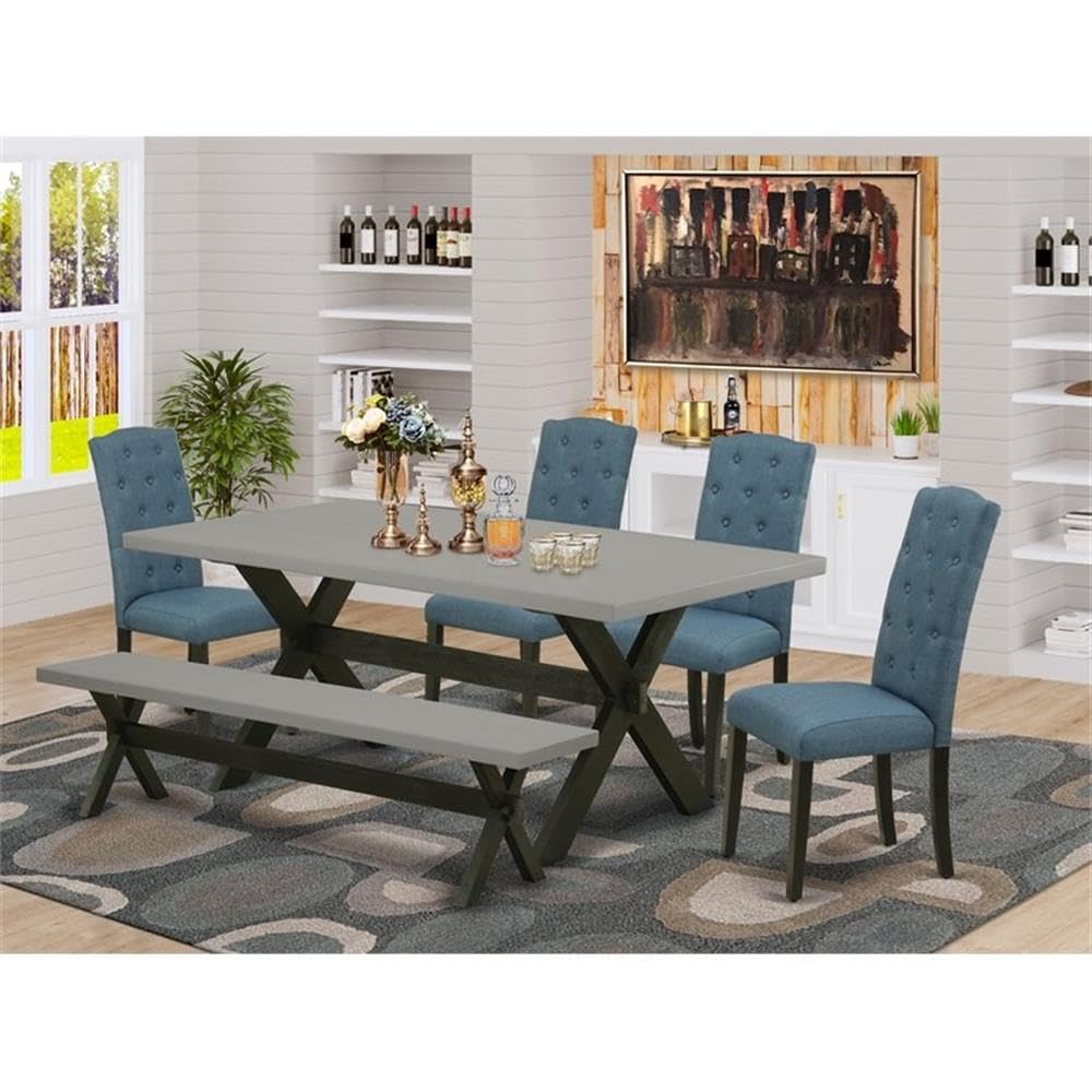 East West Furniture X697Ce121-6 6 Piece Dining Table Set Contains A Rectangle Wooden Table With X-Legs And 4 Mineral Blue Linen Fabric Parson Chairs With A Bench, 40X72 Inch, Multi-Color